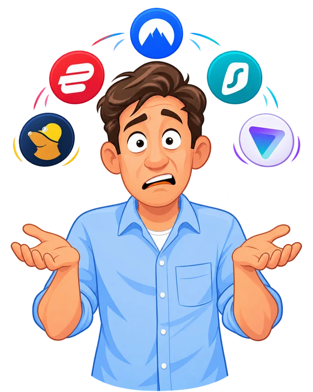 Confused person comparing VPN providers